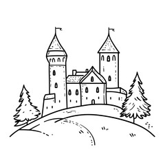 Castle illustration on hill with trees in black and white  