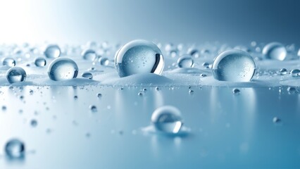 Close-up of glossy aqua bubbles on smooth surface, reflecting soft light. Perfect for health and beauty campaigns, pure water branding, and refreshing design themes.
