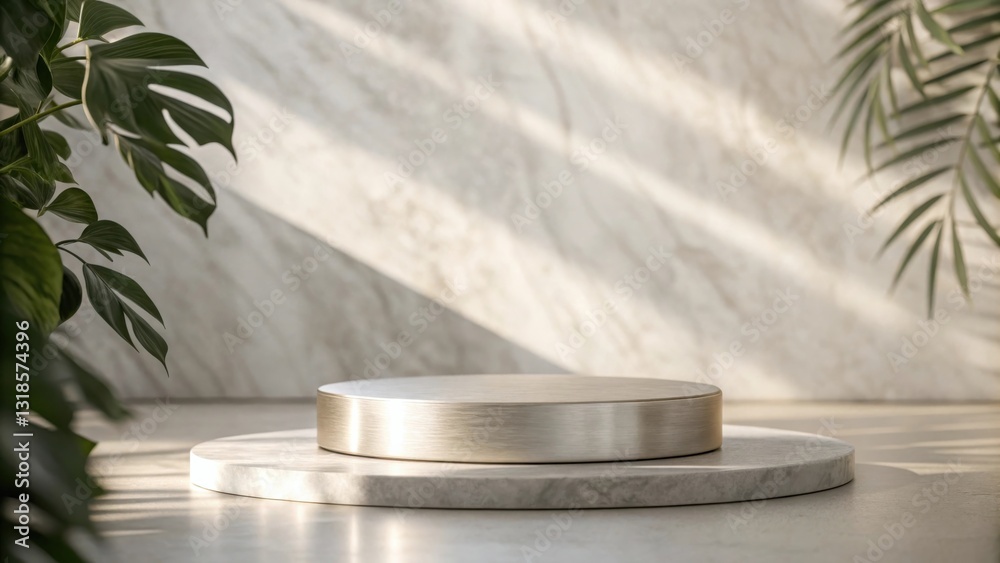 Poster a minimalistic product display featuring a brushed metal cylinder resting on a circular marble platf