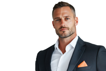 confident man in tailored suit with orange pocket square, exuding professionalism and style. His sharp features and focused gaze convey determination and success