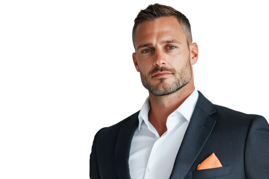 confident man in tailored suit with orange pocket square, exuding professionalism and style. His sharp features and focused gaze convey determination and success