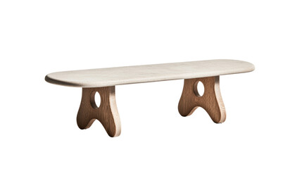 Modern wooden bench with smooth top and unique leg design, perfect for contemporary interiors. Ideal for living rooms or entryways