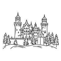 Obraz premium Fantasy castle illustration with tall towers and trees.