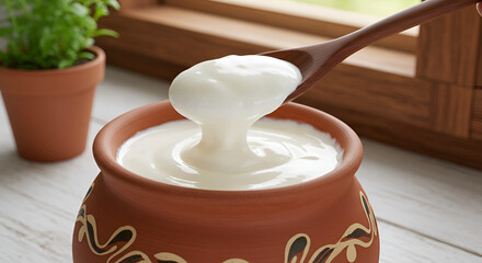 A traditional clay pot filled with freshly made creamy yogurt, with a spoon scooping out a generous portion.