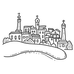 Black and white illustration of a small town with towers  