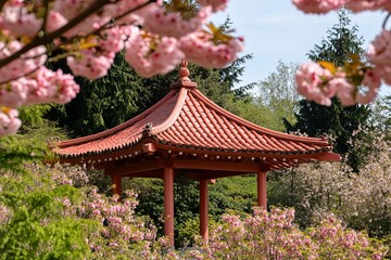 A clean pagoda roof framed by blooming cherry blossoms. picture