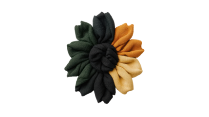 Soft fabric flower accessory in green, yellow, and orange colors, perfect for adding touch of nature inspired style to any outfit