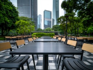 Obraz premium Outdoor seating area with modern tables and chairs in urban park setting, surrounded by skyscrapers and lush greenery. scene is peaceful and inviting, perfect for relaxation
