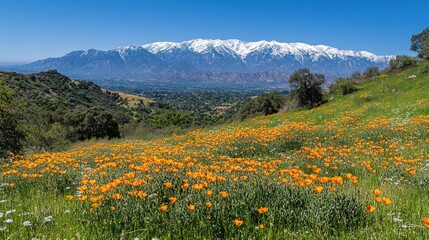 Fototapeta premium Spring wildflowers blanket hillside, snow-capped mountains in background