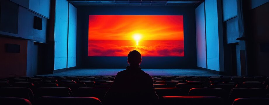 A viewer experiencing a stunning sunset scene on a large cinema screen.