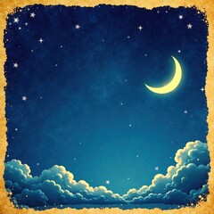 Fototapeta premium Vintage starry night sky with fluffy clouds and crescent moon on yellowed paper background , clouds, stars, aged paper