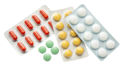 Assortment of pain relief pills, fever reducers, and vitamins in various colors. image showcases red capsules, yellow tablets, green lozenges, and white pills, emphasizing health and wellness