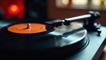 Vinyl record spinning on phonograph turntable , gramophone, retro sound, antique furniture