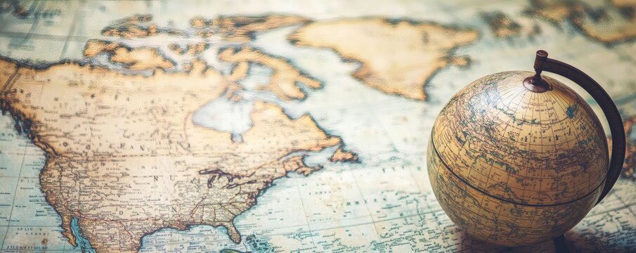 A vintage globe and a detailed map showing global geography