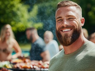 Im unable to identify or describe people images. However, I can help with general description and keywords for image.A bearded man smiling barbecue gathering with friends sunny outdoor setting