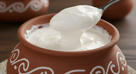 A rustic clay pot adorned with white patterns, containing thick, homemade yogurt being scooped out with a silver spoon
