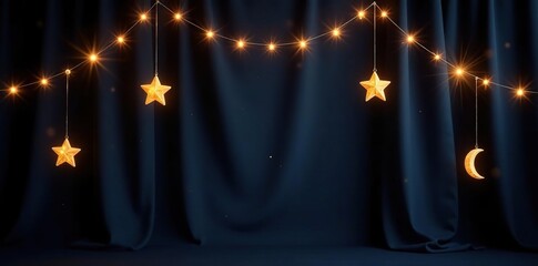 Crescent moon and star garland hanging from a black drapes with twinkling fairy lights, sparkle, crescent moon