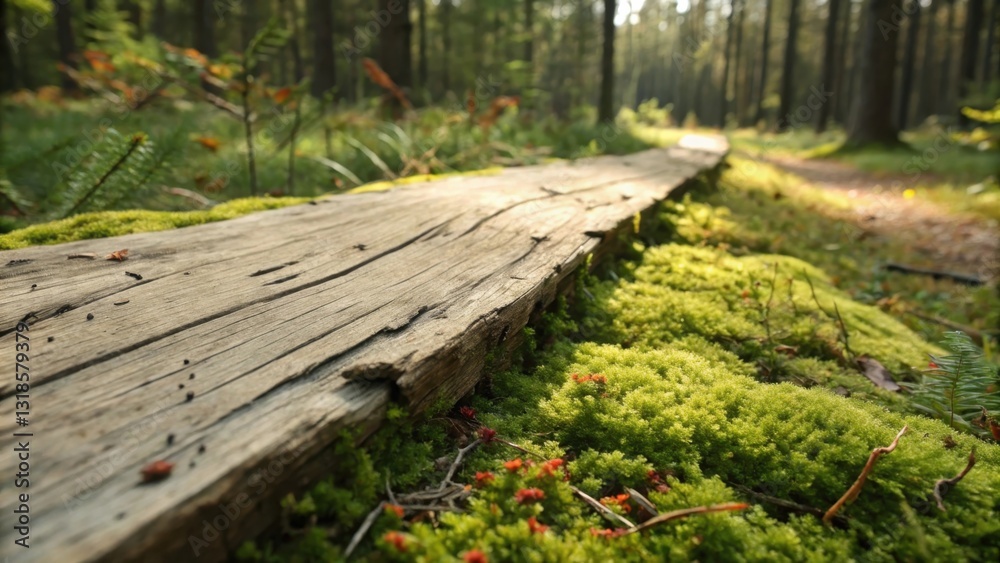 Aufkleber a weathered wooden path disappearing into the depths of a lush, green forest, sunlight dappling thro