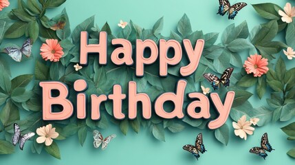 Vibrant 3D Happy Birthday Card Design with Nature Elements and Butterflies