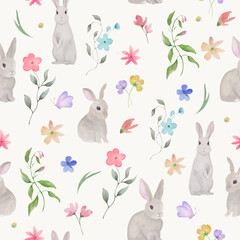 Seamless watercolor pattern with spring floral, easter bunnies. Hand drawn illustration. Vector EPS.
