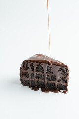 A piece of chocolate cake with chocolate sauce on it. On a white background