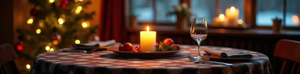 Kerzenlicht auf einem Tisch mit Angioletto und Kugelweihnachtsbaum, nordic, lederhosen, tisch