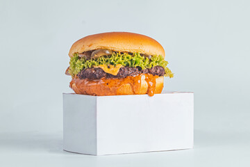 Sandwich two slices of grilled meat burger with melted cheese. On a white background