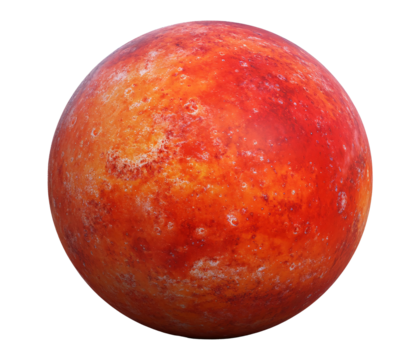 A vivid close-up of Venus, showcasing its fiery, volcanic surface. Red hues dominate the image