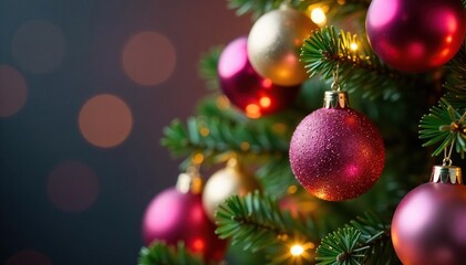 Fototapeta premium Sparkling Christmas tree with pink and golden balls, festive decor, decoration ideas