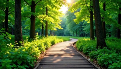 Obraz premium Wooden plank pathway leading to a forest clearing, sunlight filtering through leaves, outdoor, landscape