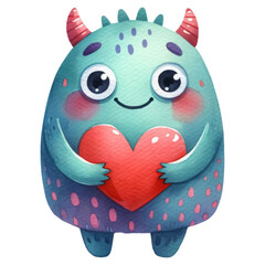 Cute monster concept. A cute, cartoonish monster character with horns, holding a red heart, showcasing a friendly and playful demeanor.