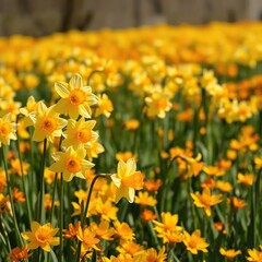 Obraz premium Daffodils swaying in a field of yellow and orange flowers, blooms, flowers, sunny fields