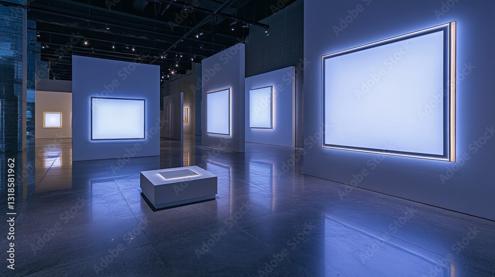 Poster A spacious and contemporary art gallery features large, illuminated blank canvases, inviting contemplation. Soft lighting highlights the sleek design, creating an atmosphere of calm and reflection