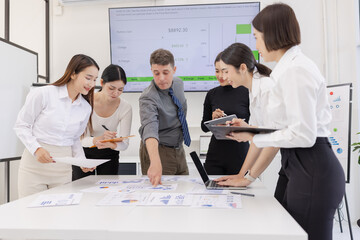 Group of business people working plan analysis at desk in modern office, Documents discussion...