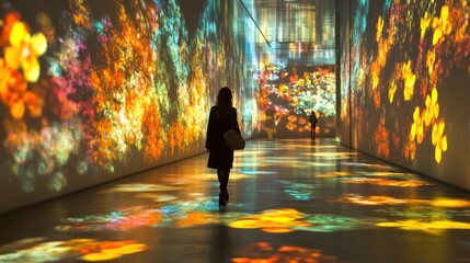Woman walks through vibrant projected art gallery