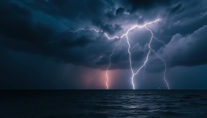 Dark stormy sky, jagged lightning illuminating water's surface,  abstract,  color