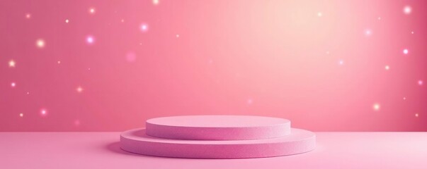 Glittery pink podium against a warm and inviting pastel background, sparkly decoration, warm colors