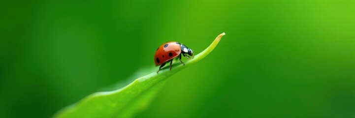 Fototapeta premium Ladybug perches on the tip of a large green leaf, insect on foliage, ladybug, bug on stem