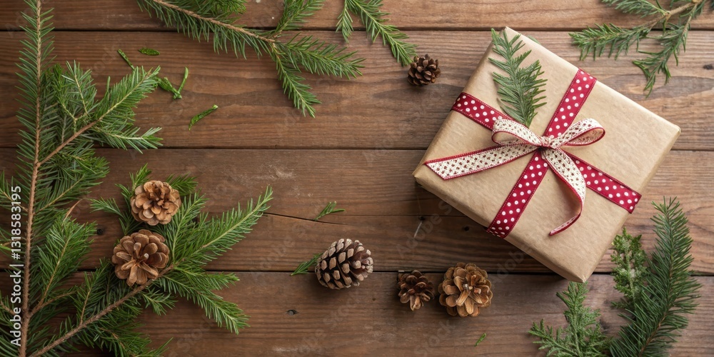 Poster a rustic brown wooden background adorned with evergreen branches and pine cones, featuring a wrapped