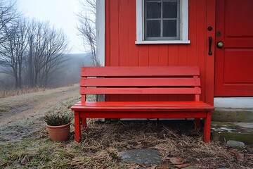 A bright red wooden bench sits outside a red building