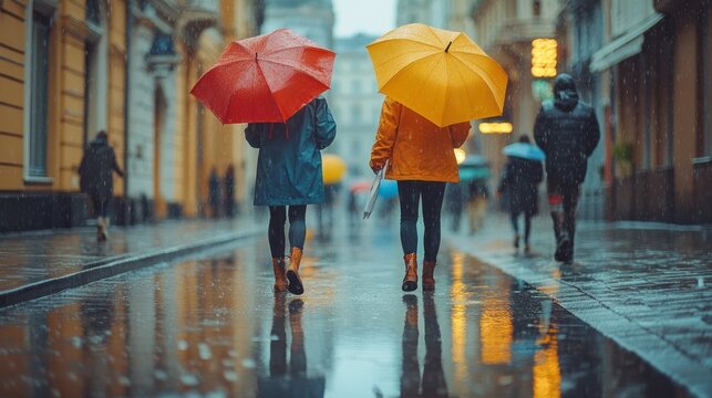 Two individuals stroll along shiny, wet pavement, bright umbrellas shielding them from the rain. The city buzzes with life as reflections shimmer in the puddles, creating a lively atmosphere