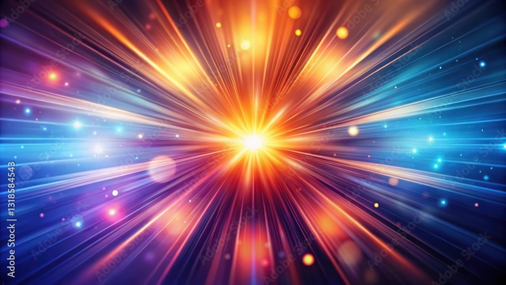 Poster abstract burst of light radiating from a center point with a blend of orange and blue tones