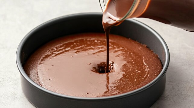 A rich chocolate batter is being poured into a round baking pan, ready for baking into a delicious dessert.