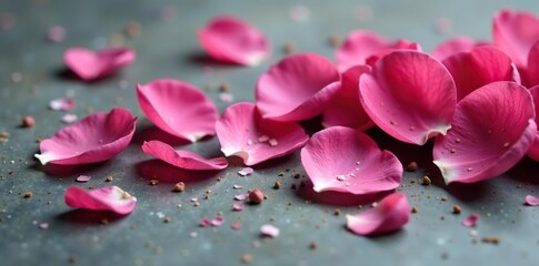 Faded rose petals spill across a dull silver ground, faded, dull silver, dried