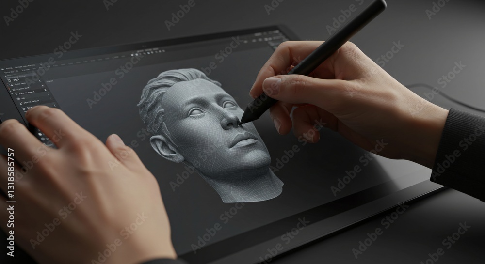 Poster man sculpting 3d model on digital tablet with pen, using sculpting software for prototyping and visu