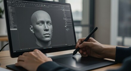 Man creates 3d model of human head on laptop with graphics tablet for architectural rendering. 3d face modeling and sculpting for engineering design and visualization.
