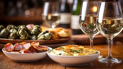 Fototapeta premium Tapas & white wine pairing close-up food photography in a cozy warm restaurant