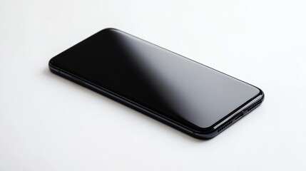 A sleek black smartphone lying flat on a white surface