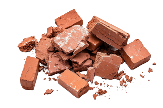 Red bricks with a jagged hole, surrounded by scattered brick debris, isolated on white