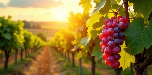 Vineyard with ripe red grapes and yellow sunlight in the background, land, sunlight